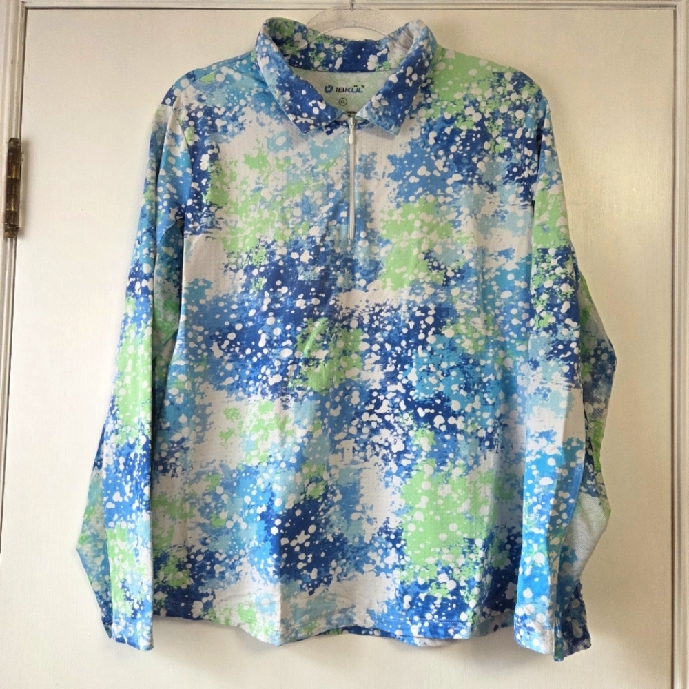IBKUL Women's Long Sleeve Quarter Zip Blue/Green Top Extra Large